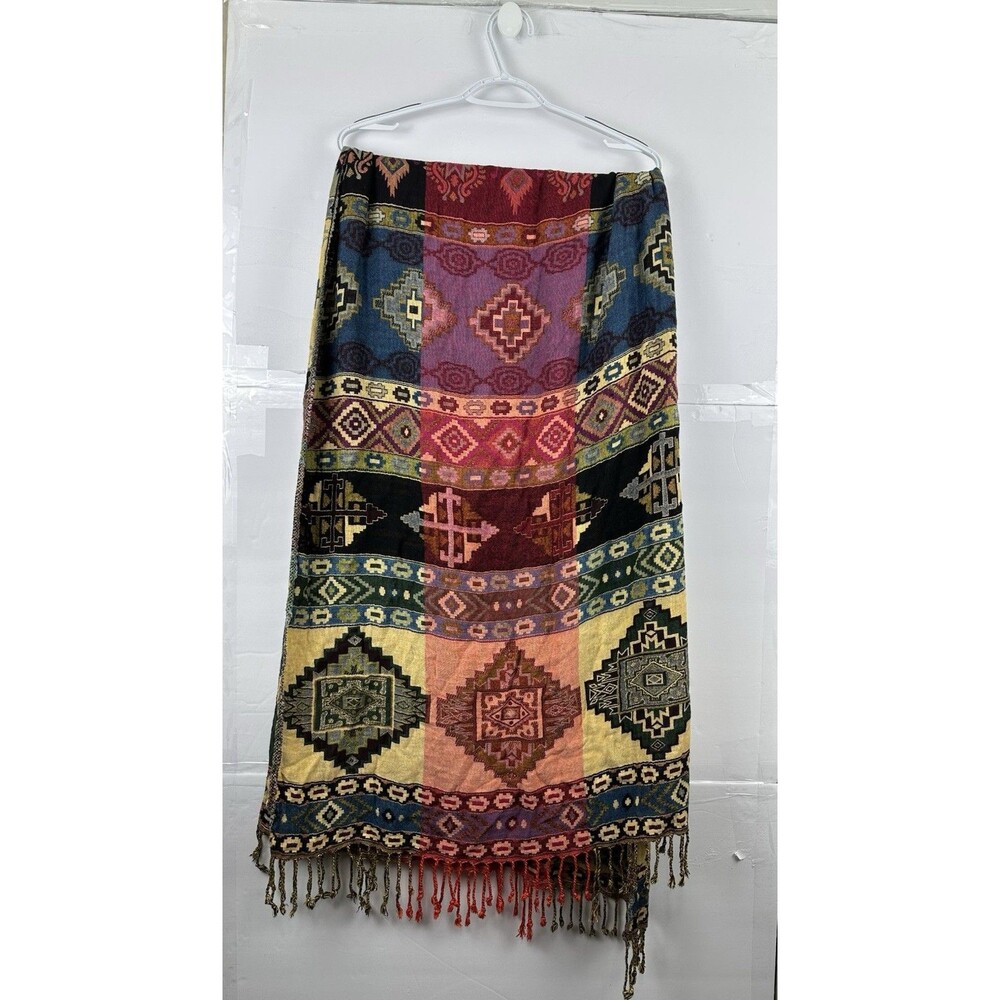 Boho Aztec Tribal Print Pashmina Scarf Wrap Fringe Multicolor Large 68*25